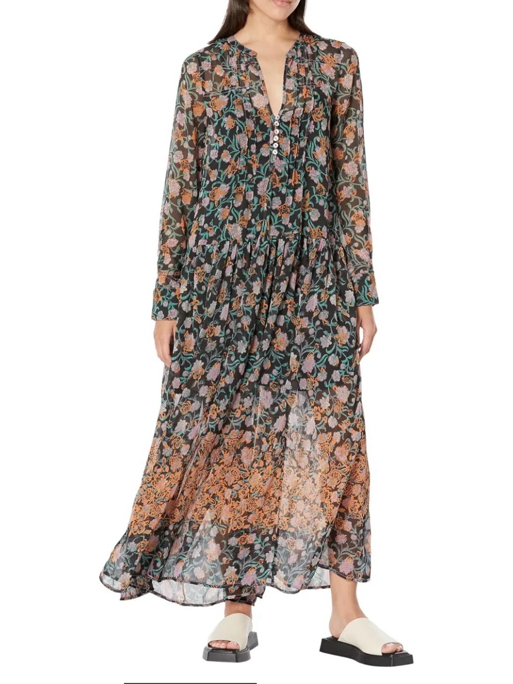 Free People Black Maxi Dress with Peach & Teal Floral Print